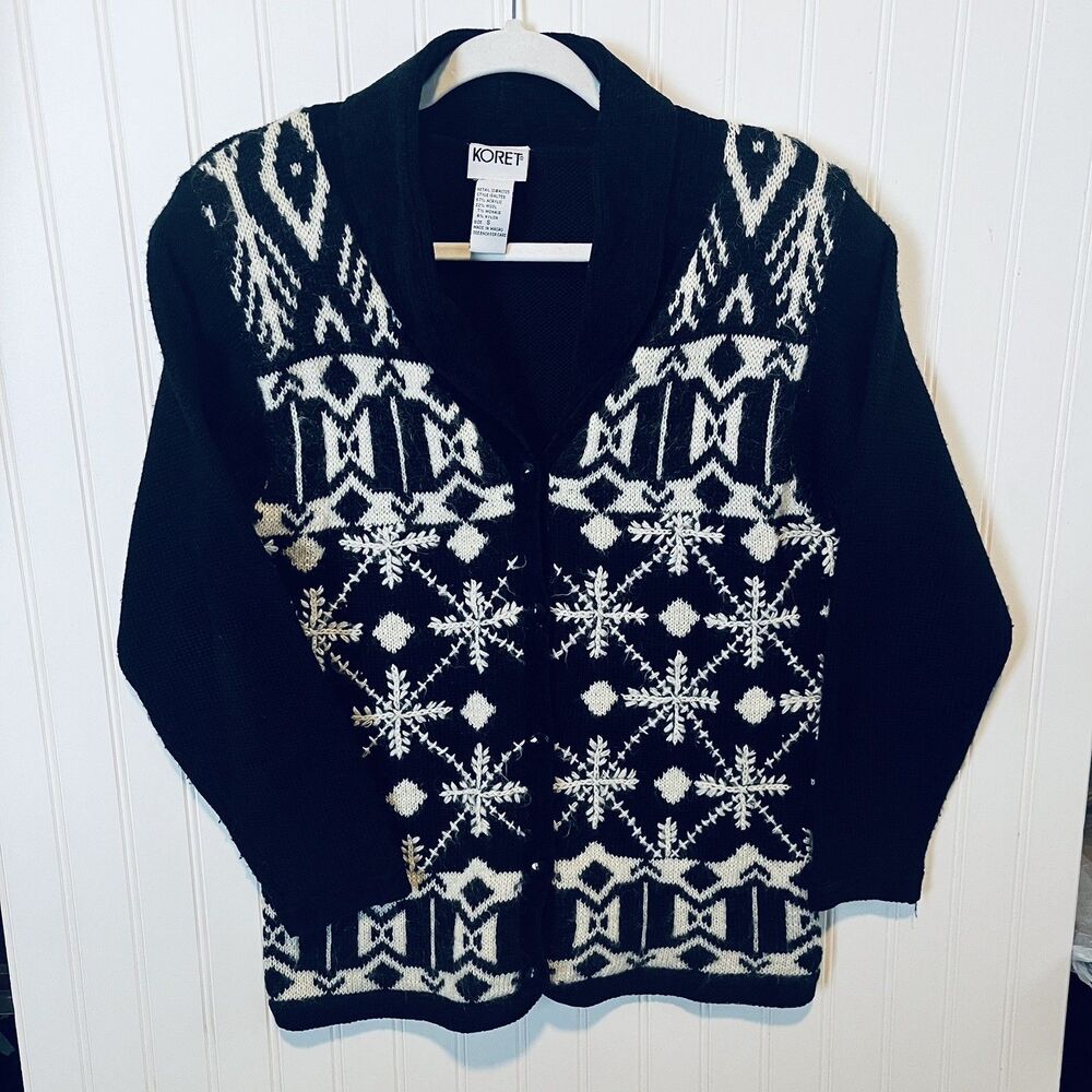Koret Cardigan Black White Knit Nordic Fair Isle Snowflake Shawl Neck Sweater SM